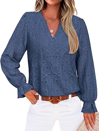 RUMIA Women's Blouse, V-Neck Eyelet Lace Lined Dress Shirt, Sheer Long-Sleeve Embroidered Top, 2025 Fashion