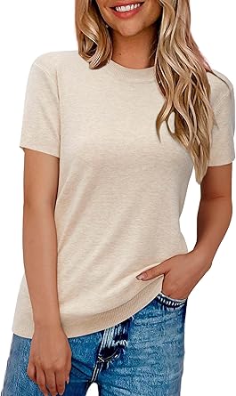Arach&Cloz Women's Lightweight Wool-Blend Short Sleeve Sweater Top, Business & Casual Style