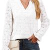 RUMIA Women's Blouse, V-Neck Eyelet Lace Lined Dress Shirt, Sheer Long-Sleeve Embroidered Top, 2025 Fashion