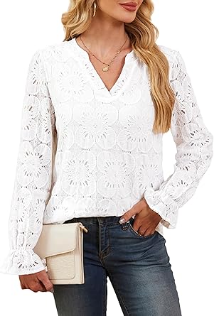 RUMIA Women's Blouse, V-Neck Eyelet Lace Lined Dress Shirt, Sheer Long-Sleeve Embroidered Top, 2025 Fashion