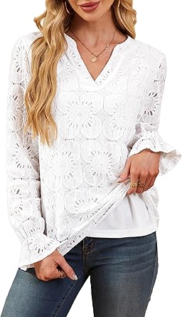 RUMIA Women's Blouse, V-Neck Eyelet Lace Lined Dress Shirt, Sheer Long-Sleeve Embroidered Top, 2025 Fashion