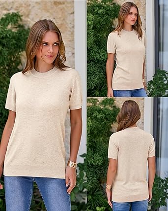 Arach&Cloz Women's Lightweight Wool-Blend Short Sleeve Sweater Top, Business & Casual Style