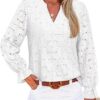 RUMIA Women's Blouse, V-Neck Eyelet Lace Lined Dress Shirt, Sheer Long-Sleeve Embroidered Top, 2025 Fashion