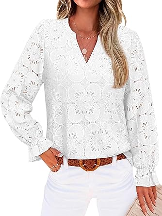RUMIA Women's Blouse, V-Neck Eyelet Lace Lined Dress Shirt, Sheer Long-Sleeve Embroidered Top, 2025 Fashion