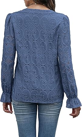RUMIA Women's Blouse, V-Neck Eyelet Lace Lined Dress Shirt, Sheer Long-Sleeve Embroidered Top, 2025 Fashion