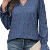 RUMIA Women's Blouse, V-Neck Eyelet Lace Lined Dress Shirt, Sheer Long-Sleeve Embroidered Top, 2025 Fashion