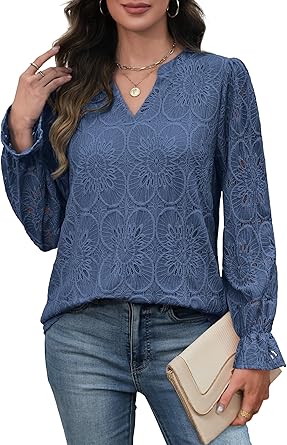 RUMIA Women's Blouse, V-Neck Eyelet Lace Lined Dress Shirt, Sheer Long-Sleeve Embroidered Top, 2025 Fashion