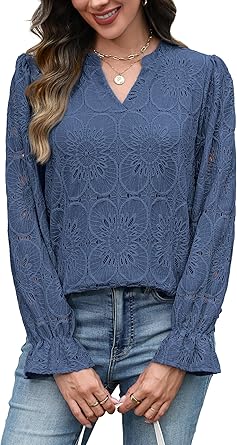 RUMIA Women's Blouse, V-Neck Eyelet Lace Lined Dress Shirt, Sheer Long-Sleeve Embroidered Top, 2025 Fashion