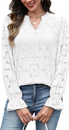 RUMIA Women's Blouse, V-Neck Eyelet Lace Lined Dress Shirt, Sheer Long-Sleeve Embroidered Top, 2025 Fashion
