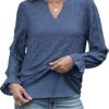 RUMIA Women's Blouse, V-Neck Eyelet Lace Lined Dress Shirt, Sheer Long-Sleeve Embroidered Top, 2025 Fashion