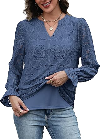 RUMIA Women's Blouse, V-Neck Eyelet Lace Lined Dress Shirt, Sheer Long-Sleeve Embroidered Top, 2025 Fashion